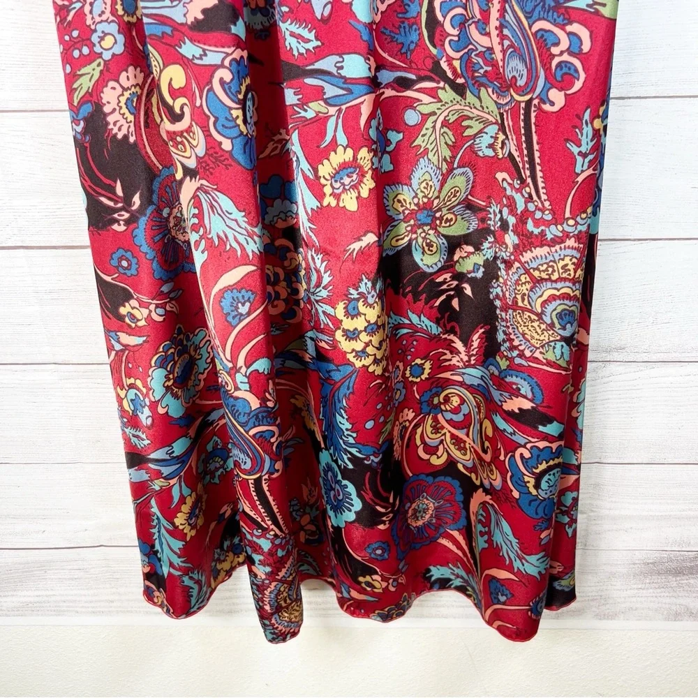 Vintage Forever 21 Blue Red Floral Strapless Maxi Satin Dress Size L Y2K Boho